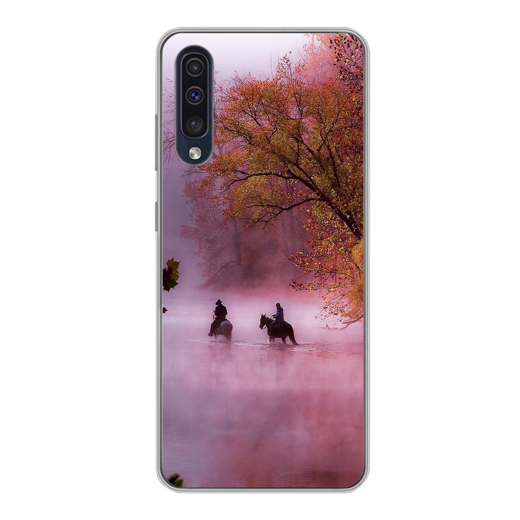 MuchoWow Handyhülle Schutzhülle Hülle für Samsung Galaxy A30s Pferde - Nebel - Wald Silikon Softcase Handy Hülle - Karteninhaber