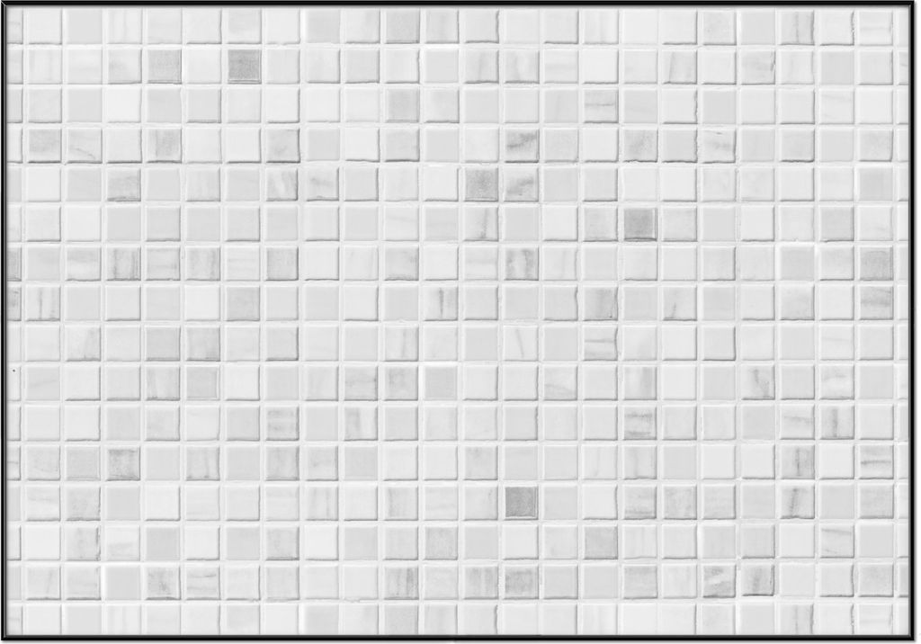 Wallario Wandbild Fliesen im Bad weiß-grau, Größe: 70,30 x 100,30 cm, Poster mit schwarzem Aluminiumrahmen