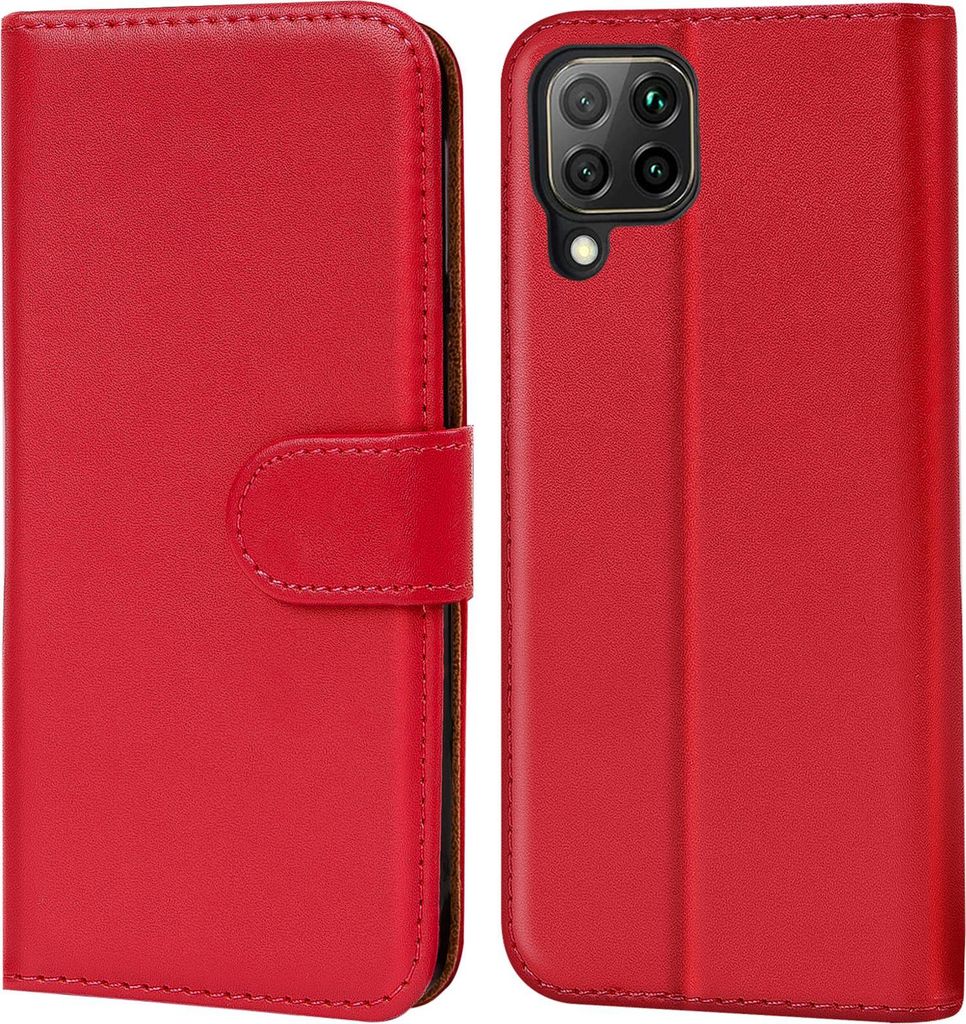 A red flip case for a Huawei P40 Lite phone, shown from the front and back.