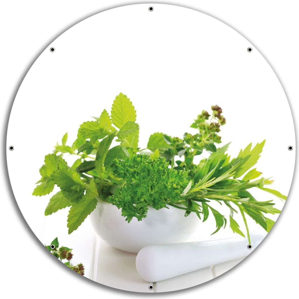 Wallario rundes Outdoor-Poster für Garten oder Balkon, Motiv Welt der Kräuter - verschiedene Kräuter in einem weißen Mörser, 60 cm Durchmesser