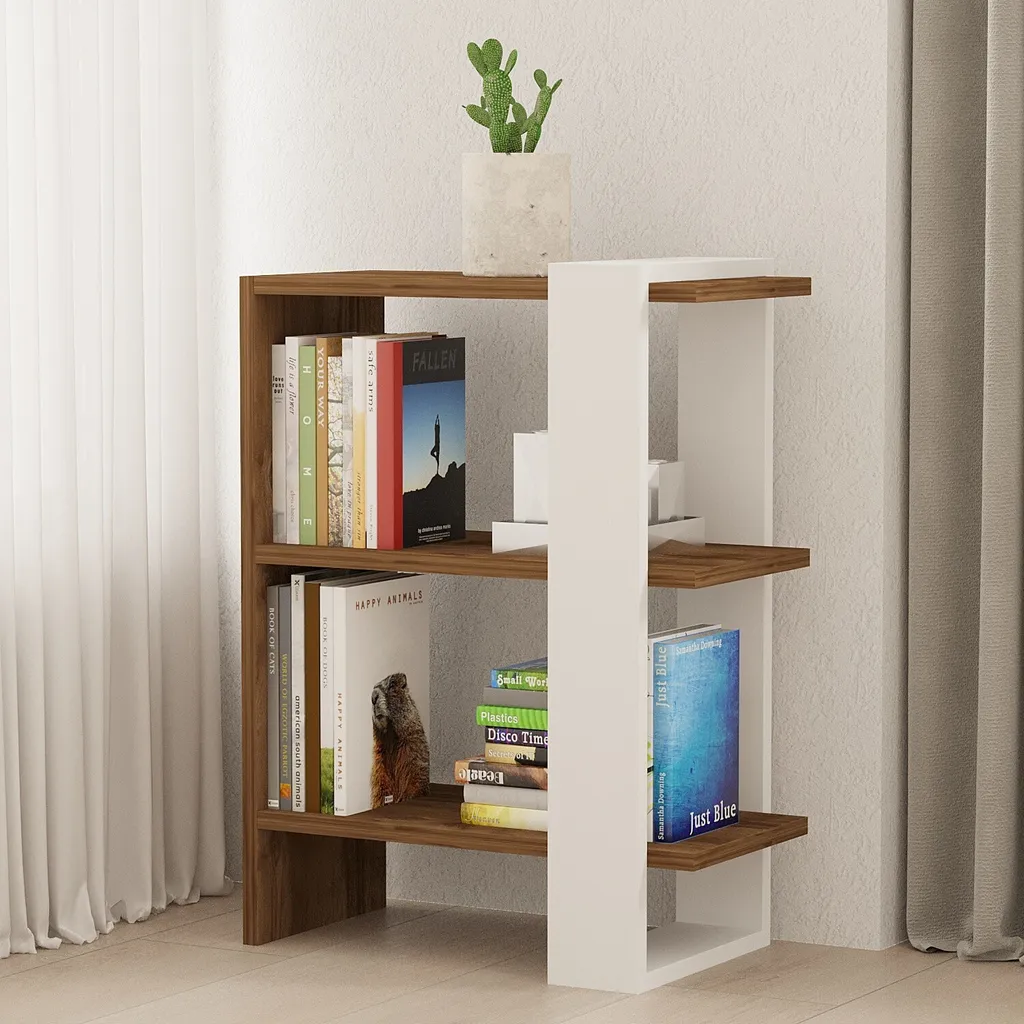 Étagère de Rangement Basse en Bois Noyer et Blanc Design Gaye-Gaye