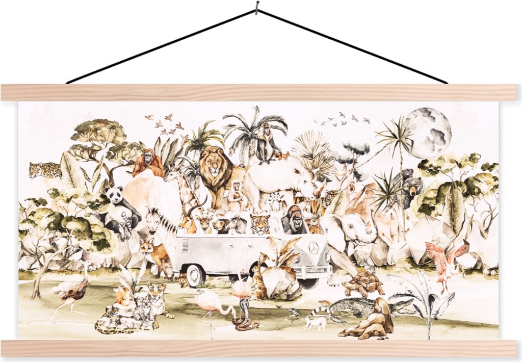 MuchoWow Textilposter Bus - Tiere - Kinder - Jungen - Mädchen - Palme 120x60 cm mit holzfarbenen Rahmen - Klemmleiste
