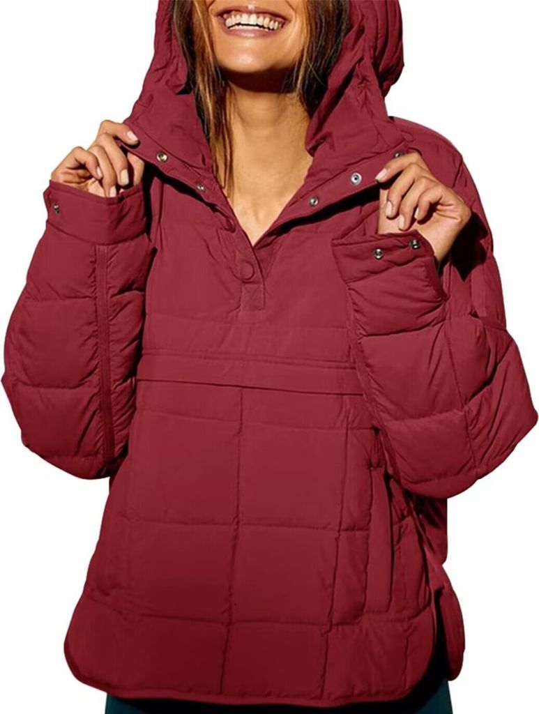 ASKSA Damen Pufferjacke Stepppullover Gesteppt Kapuzenpullover Langarm Jacke Leichte Warme Wintermaentel, Weinrot, M