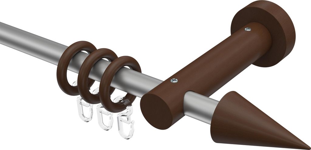Interdeco Gardinenstange / Vorhangstange Silbergrau / Nussbaum lackiert, Typ Adrian Holly (Kegel), 16 mm Ø 1-läufig, 260 cm