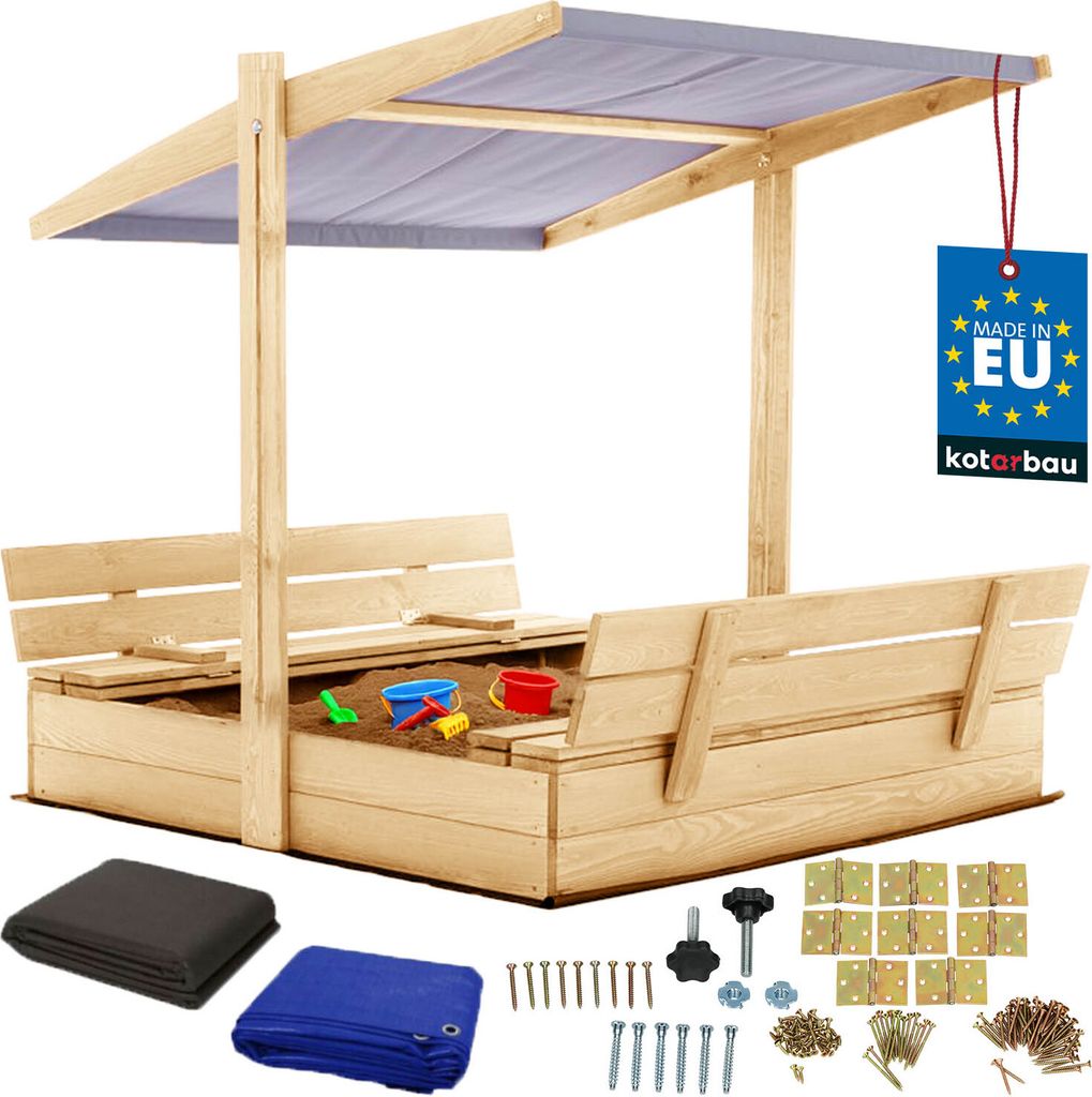 KOTARBAU Sandkasten mit Abdeckung 120 x 120 cm Großer Natufarbe Holzsandkasten mit Grau Dach Sandkasten mit Deckel Sandkasten mit Dach Gartenspi...