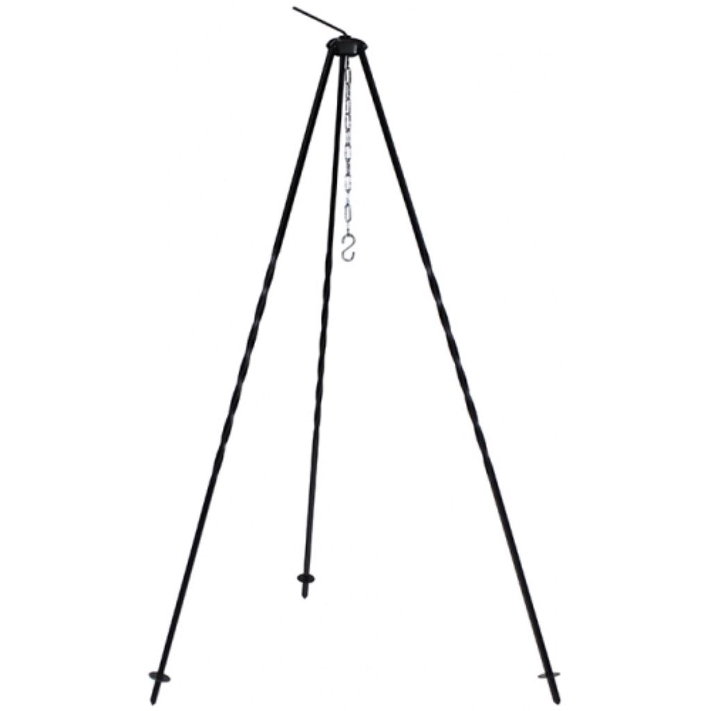 A black tripod with a chain and hook hanging from the top.