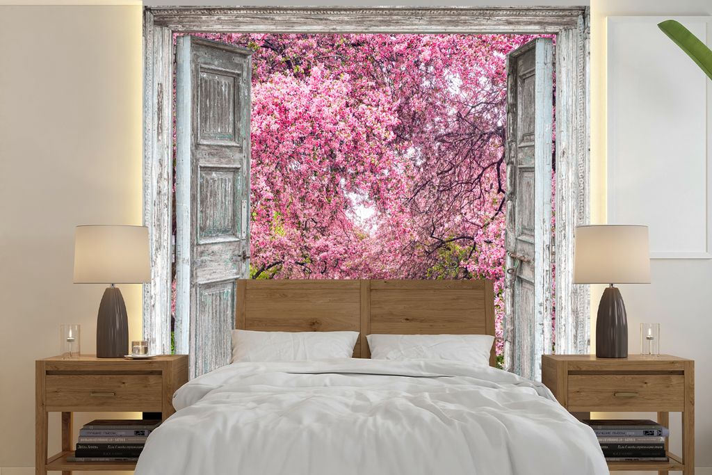MuchoWow Fototapete für Wohnzimmer oder Schlafzimmer Wandtapete Vinyl Motivtapete Sakura - Transparent - Baum - Kirschblüte - 260x260 cm - Papi...