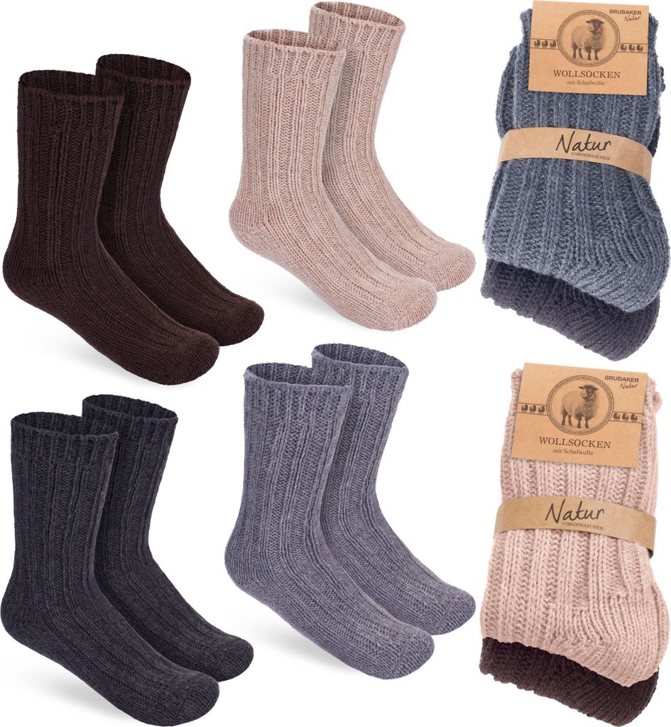 BRUBAKER 4 Paar Kinder Wollsocken - Warme Wintersocken für Jungen und Mädchen - Winter Kindersocken, Grau Braun Beige und Anthrazit, Größe 23-26