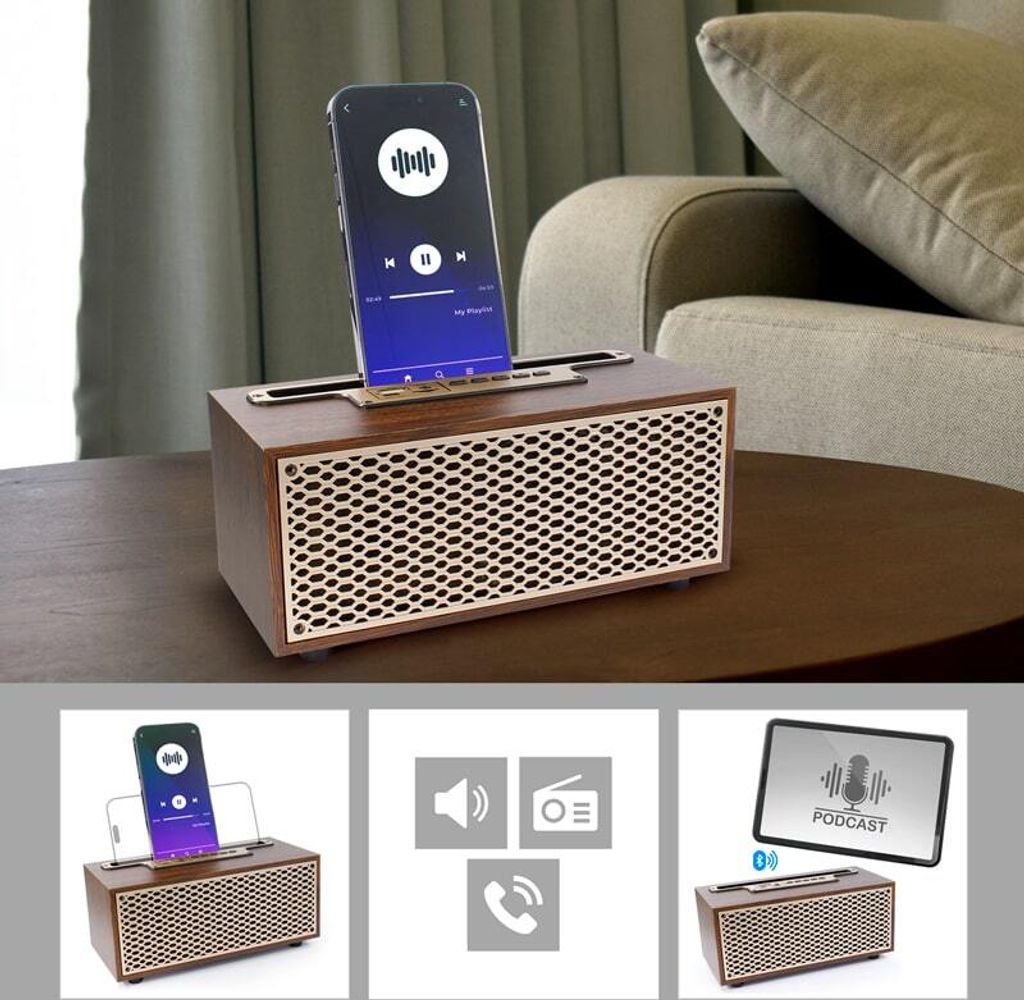Wireless Bluetooth-Lautsprecher im Vintage-Stil mit Radio und Rufannahme, braunes Holzgehäuse mit Maserung, HiFi -Klangqualität und Surround-Bass...