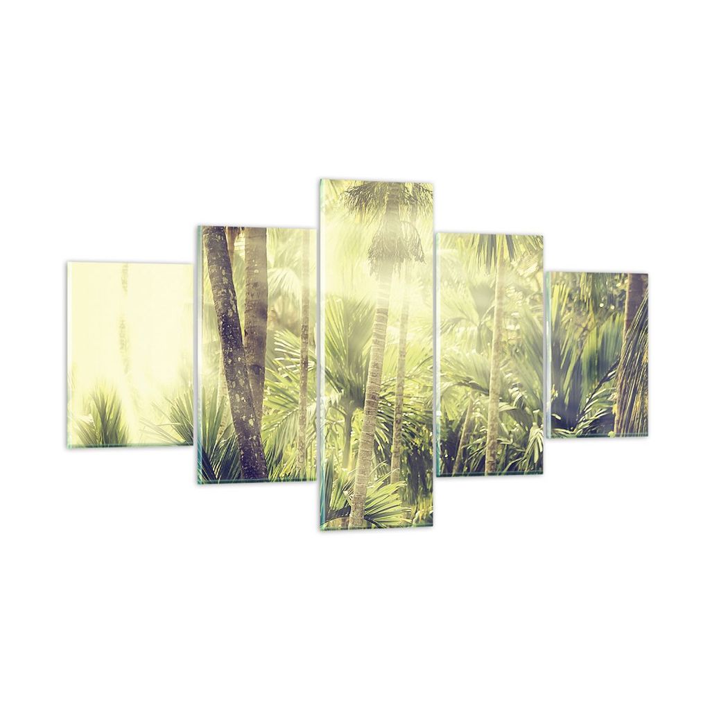 Bilder auf glas - 5 Teile - Morgendämmerung Dschungel Palmen - 125x70cm - Glasbilder - Wandbilder - Bilder - Wanddekoration aus Glas - Glas Bilder...