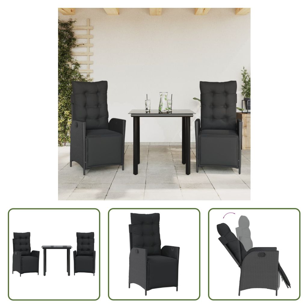 The Living Store 3-tlg. Garten-Essgruppe mit Kissen Schwarz Poly Rattan