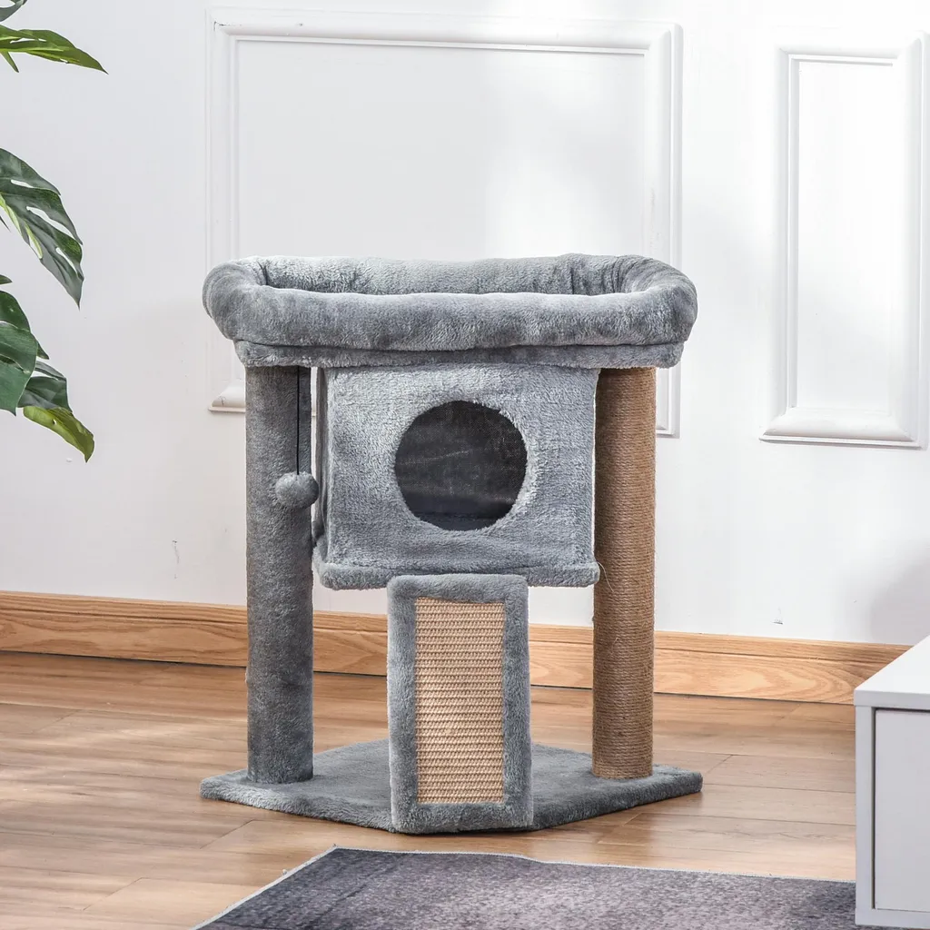 Petit arbre à chat design avec plateforme d'observation et niche grise