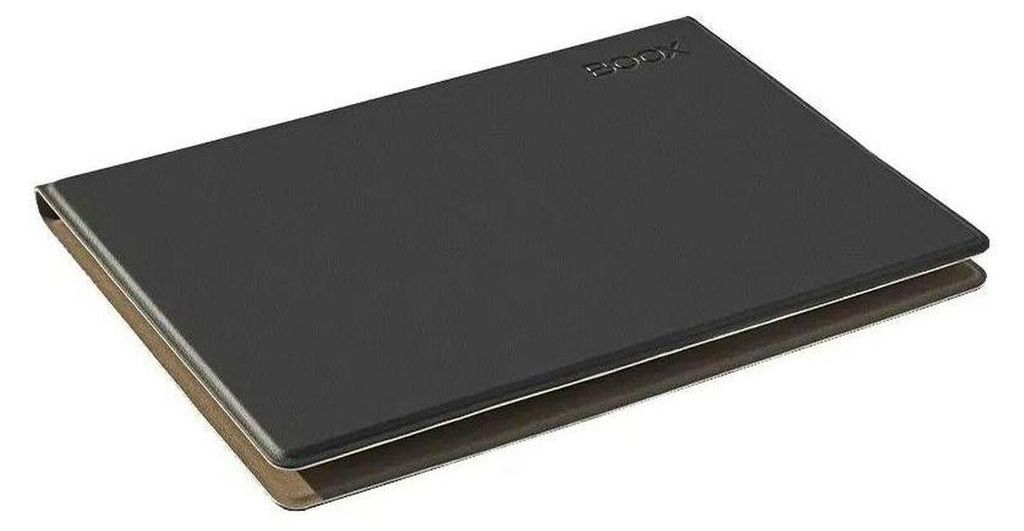 A closed black cover case for an e-reader or tablet is shown at an angle against a white background.