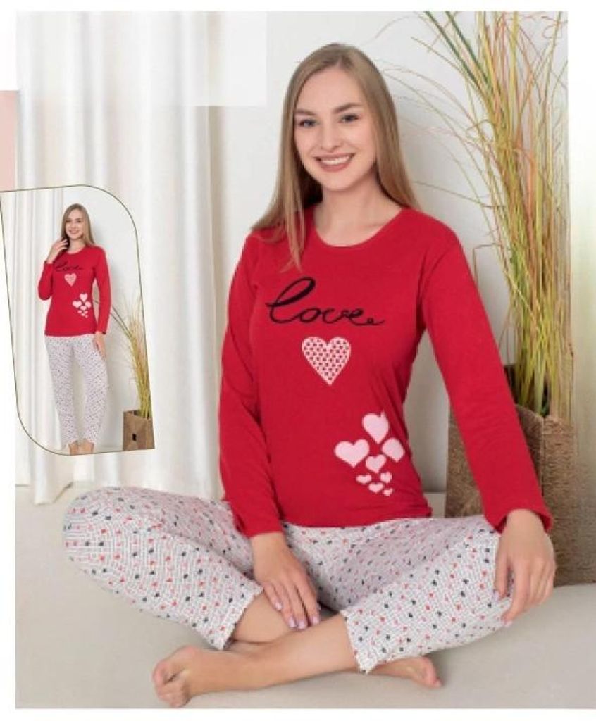 Damen Pyjama Schlafanzug Rot XXL Lang Warm 2-Teiler Set Produktbild 