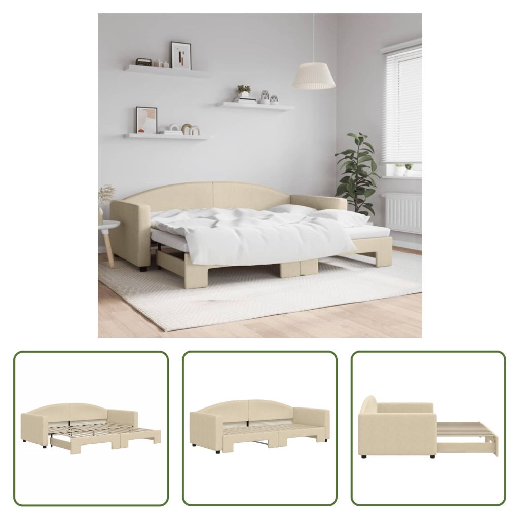 The Living Store Tagesbett Ausziehbar Creme 90x200 cm Stoff