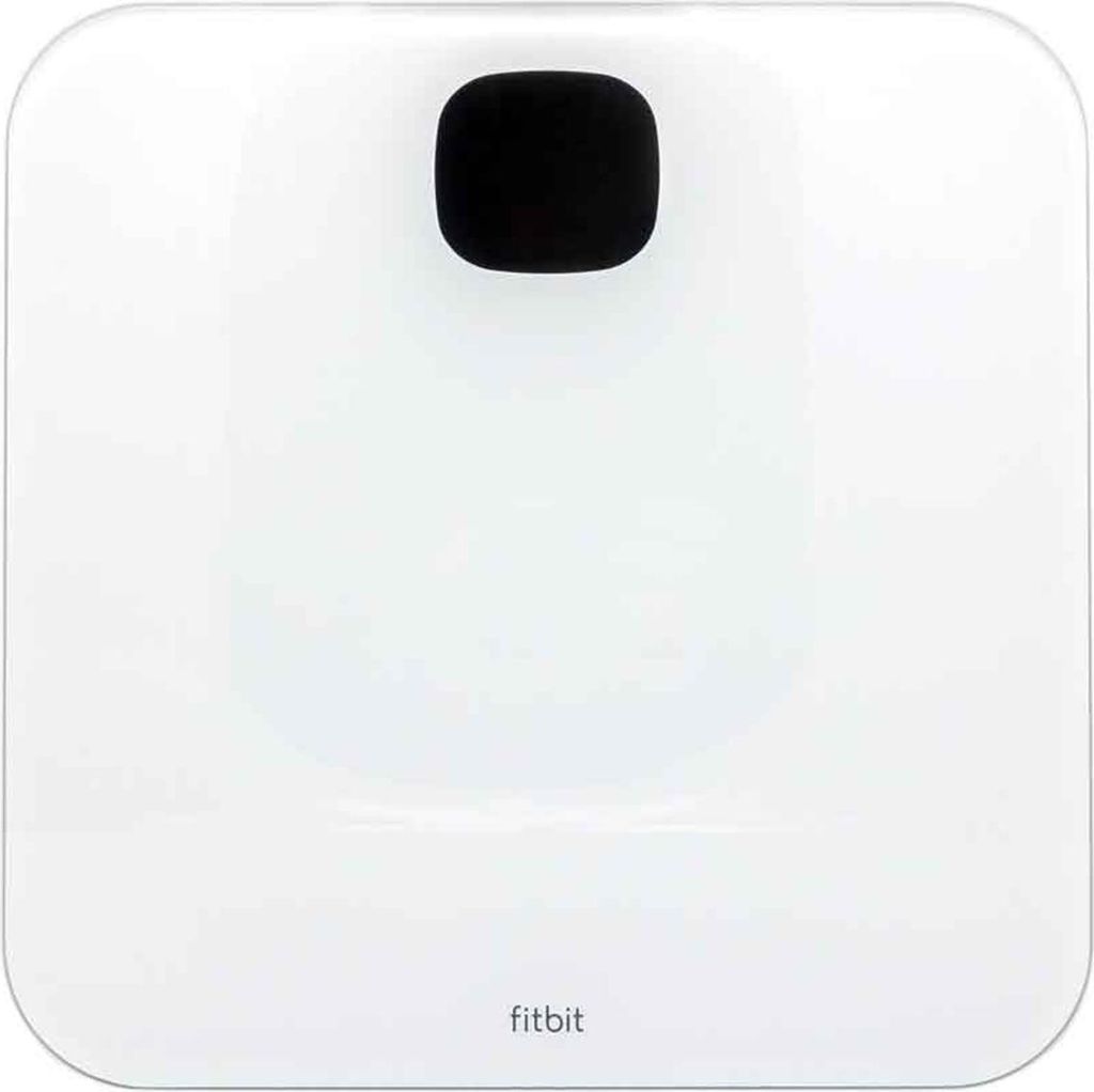 A top-down view of a white Fitbit Aria Air smart scale on a white background.