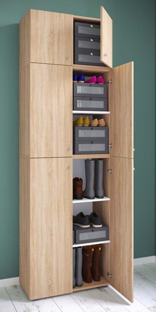 VCM Holz-Schuhschrank | Maße: H. 223 x B. 70 x T. 39 cm| Allzweckschrank | 5 Fächer | 4 Drehtüren | Aufsatz mit 2 Türen– Lona