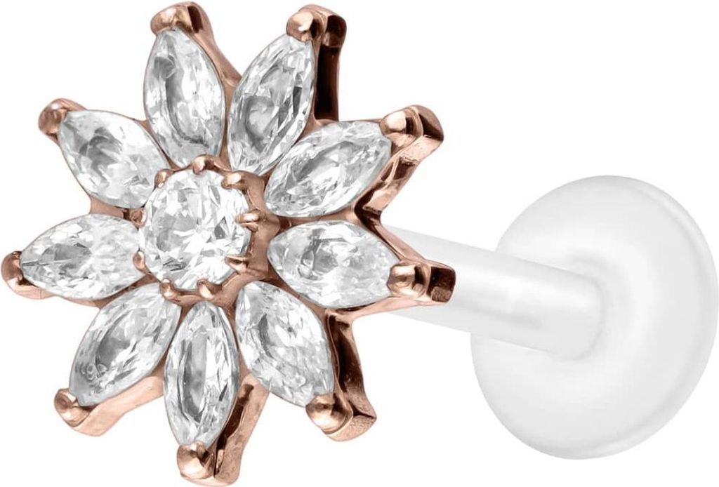 Ohrpiercing, Nasenpiercing PTFE Labret mit Innengewinde + Titan-Aufsatz KRISTALLBLUME RoséGold Stablänge: 9mm | Stabstärke: 1,2mm