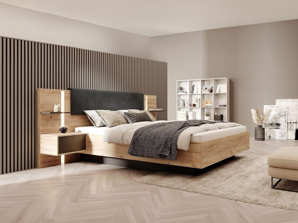 Bett mit Kommode und Nachttischen 140 x 190 cm - Mit LED-Beleuchtung - Natur und anthrazit - ELYNIA