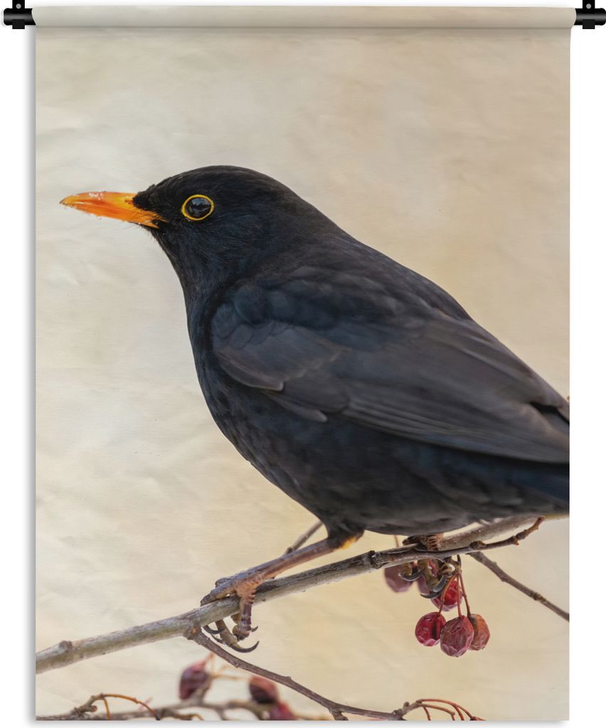 MuchoWow Wandteppich Wandbehang Amsel - Vogel - Zweige - Beere - Rot 120x160 cm Tapisserie Dekoration Wandtuch - Wohnzimmer - Moderne