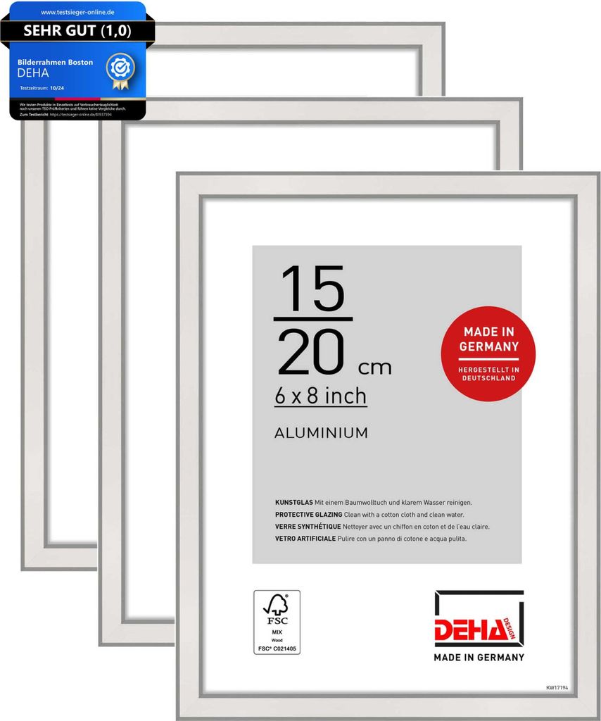 DEHA Design Aluminium Portraitrahmen, Bilderrahmen 3er SET Boston, 15x20 cm, Silber