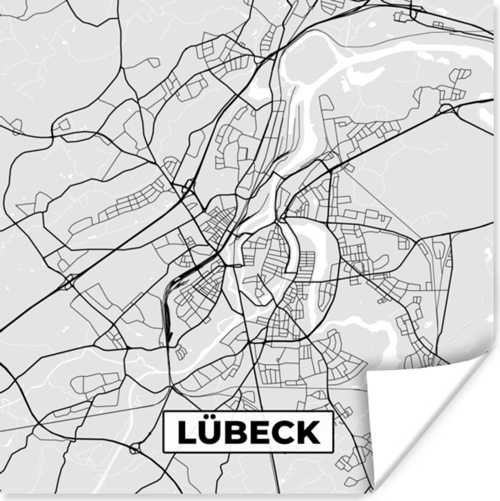 MuchoWow Poster Deutschland - Stadtplan - Lübeck - Karte 100x100 cm - Babyzimmer