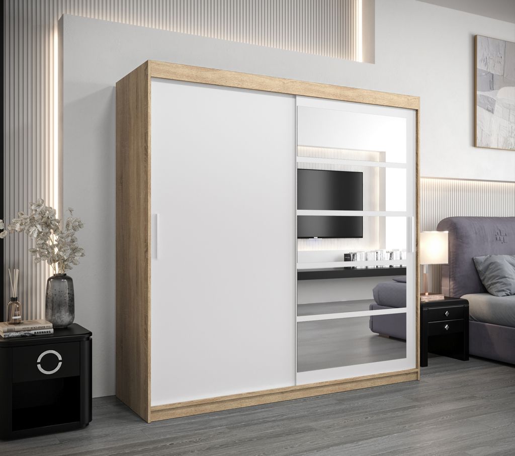 Kleiderschrank DENISA – Breite 200 cm, Sonoma-Eiche / Weiß