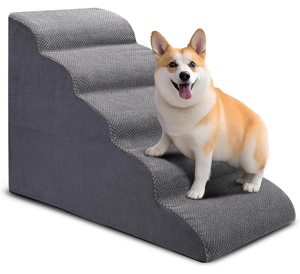 Hundetreppe fuer hohe Betten, 5-Stufen-Hundestufen fuer kleine Hunde und Katzen, gebogene Haustiertreppe zum Klettern auf hohe Betten, rutschfeste,...