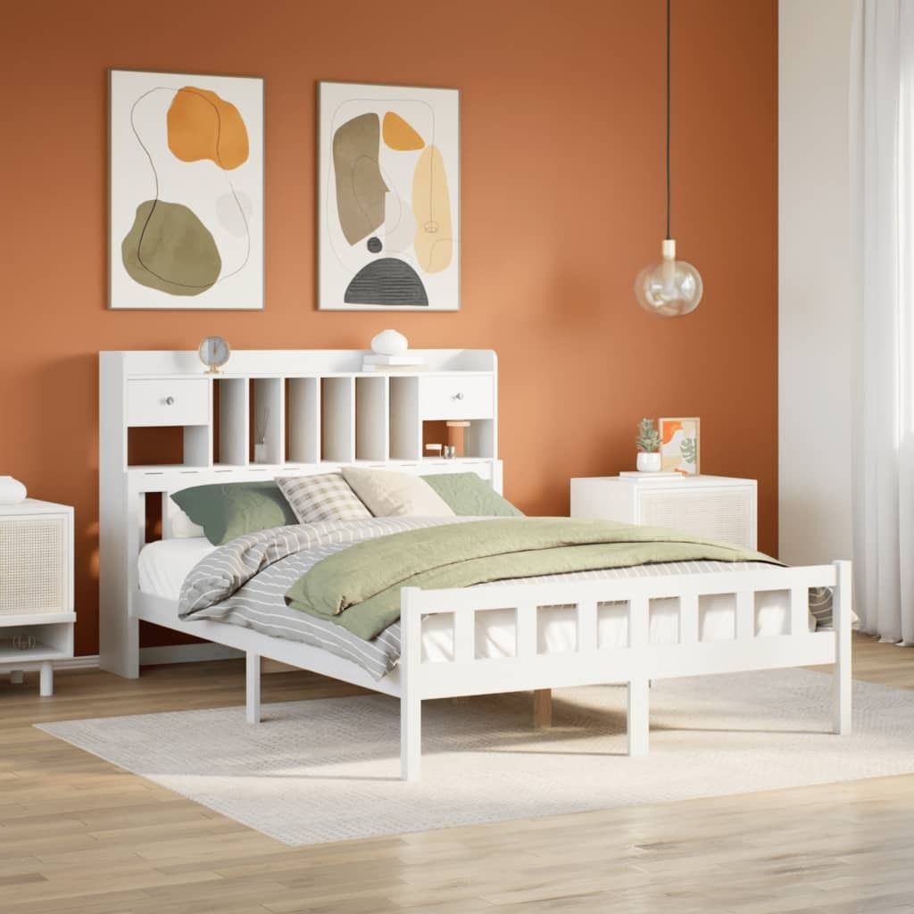 Möbel Massivholzbett mit Regal ohne Matratze Weiß 150x200 cm Kiefer - Bettrahmen 3322175