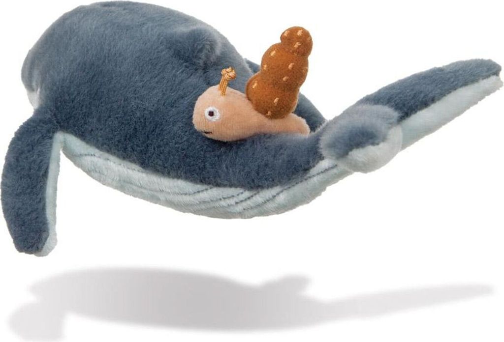 A plush toy of a whale with a snail on its back.