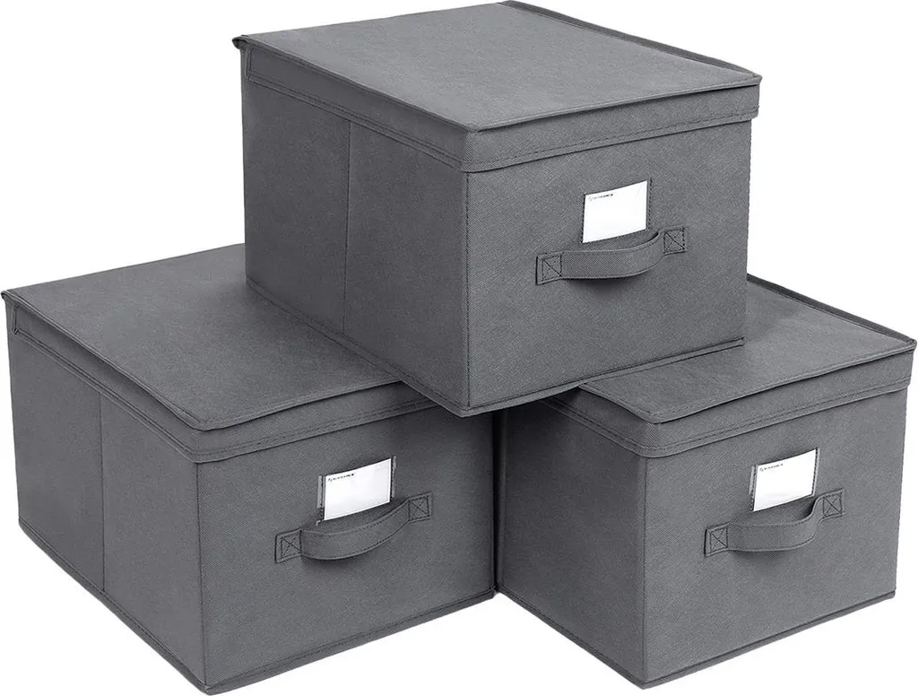 Panier de rangement en tissu gris avec couvercle - Lot de 3 empilables