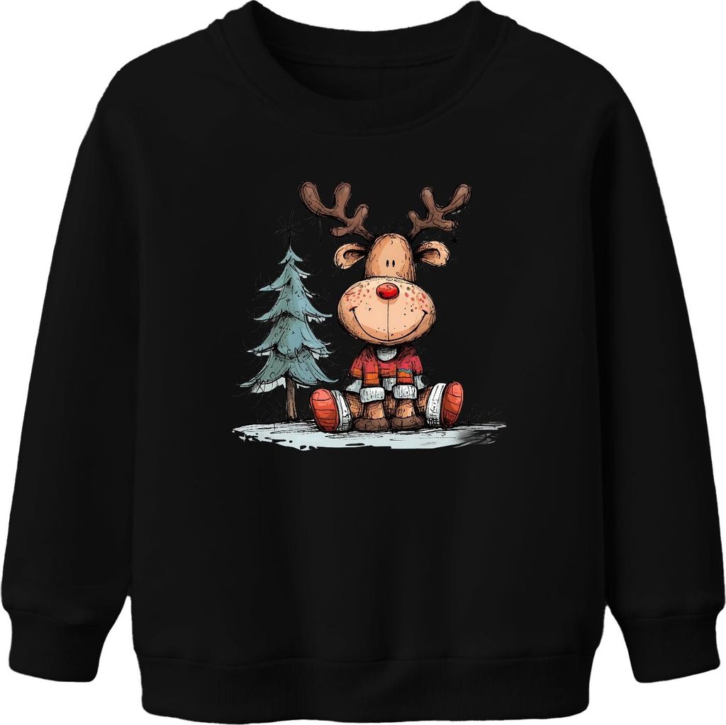 Lustiges Rentier mit roter Nase Weihnachtsbaum Geschenk Winter Uni Kinder Sweatshirt Pullover, Schwarz, 116