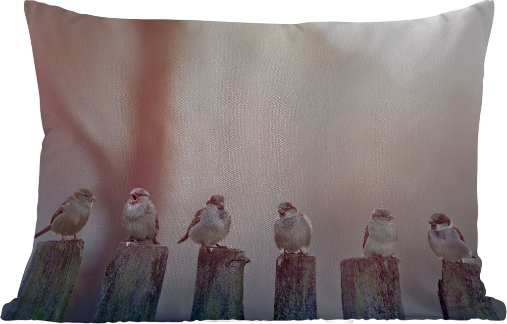 MuchoWow Outdoor Kissen - Vögel - Spatzen - Pfähle - Holz - 60x40 cm - Wetterfest - Lounge Kissen - Zierkissen - Kissen für Innenräume