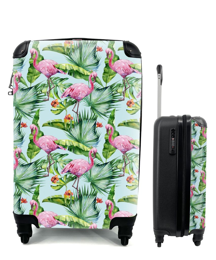 MuchoWow Koffer Handgepäck Trolley Rollkoffer Kleine Reisekoffer mit 4 Rollen - Hibiskus - Flamingo - Tropisch - Cabin Size < 55x40x23 cm & 55x4...