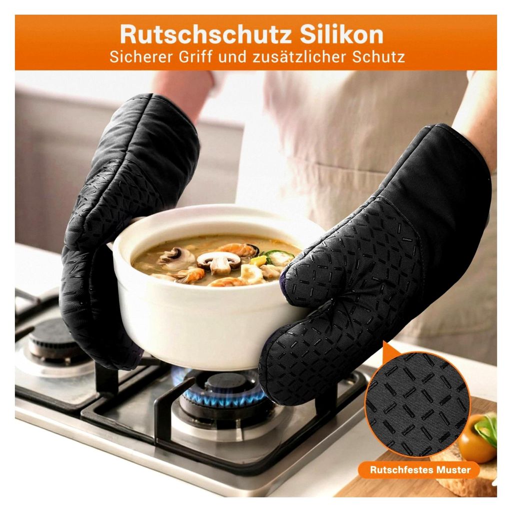 Ofenhandschuhe und Topflappen 4er Set - Hitzebeständig bis 300°C, Rutschfest, Verlängert, Weich, Kochhandschuhe, Schwarz