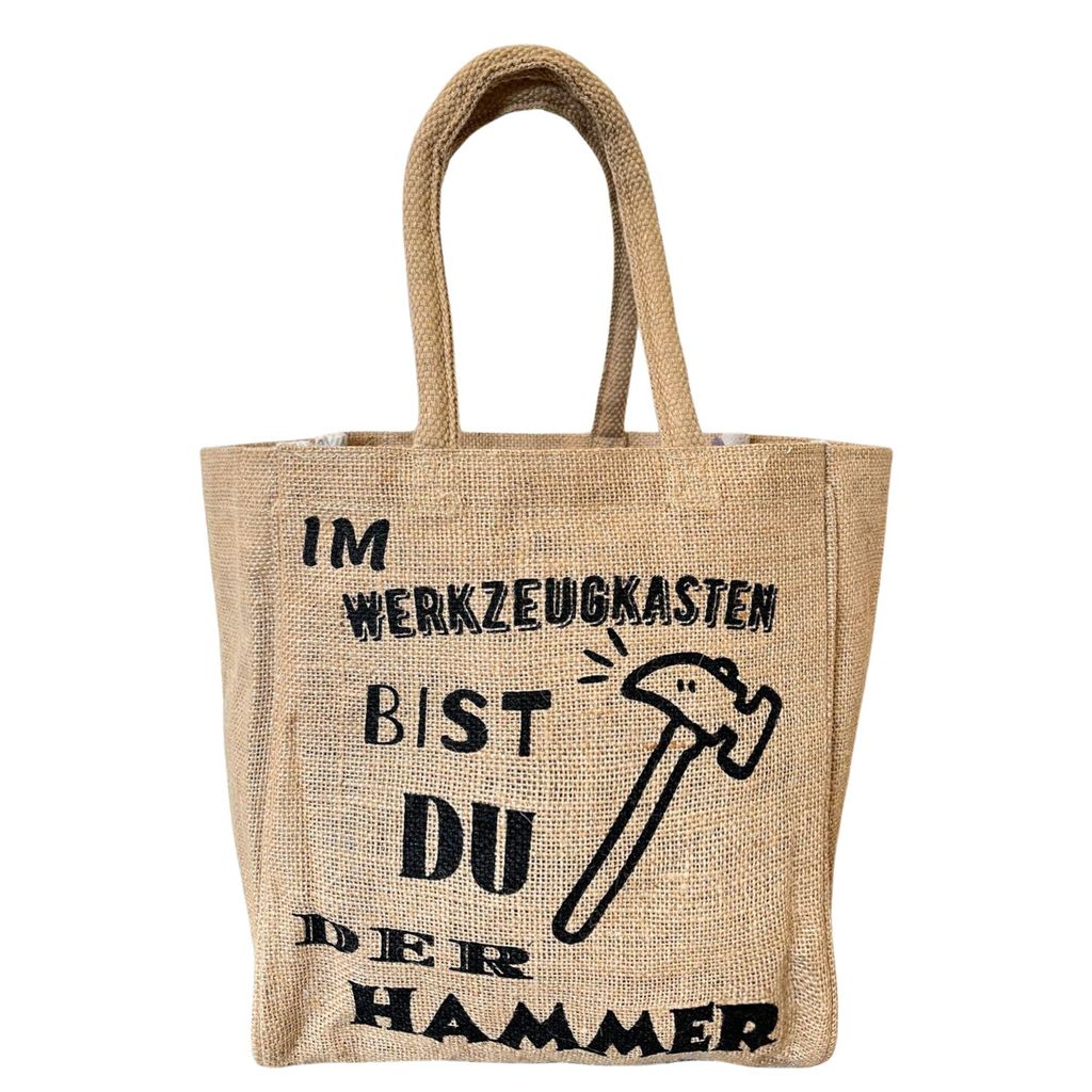 Domelo Flaschenträger mit 6 Fächer. 100% Vegane Bierflaschentasche/ Flaschentasche aus Jute. Lustige Geschenk für Männer. Dosen/ Flaschentasche 9l