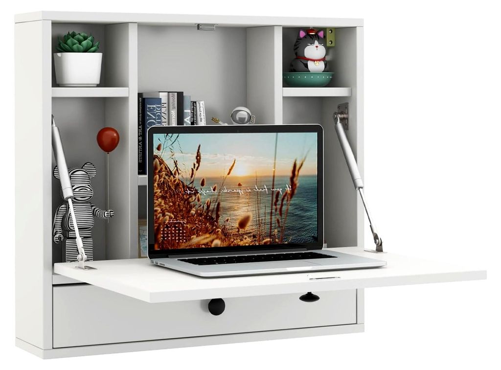 Wandklapptisch klappbar, Wandschreibtisch aus Holz mit Ablagefächern und Schublade, klappbarer Computertisch zur Wandmontage, 60x15x57 cm (Weiß)