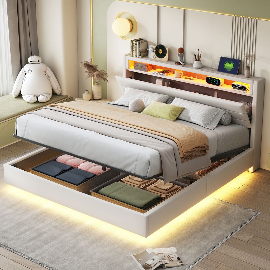 STILVORA Hydraulisches Polsterbett 160 x 200 cm Doppelbett USB-Steckdose & LED-Licht, Jugendbett Bettgestell mit Bettkasten, Beige (mit Matratze)