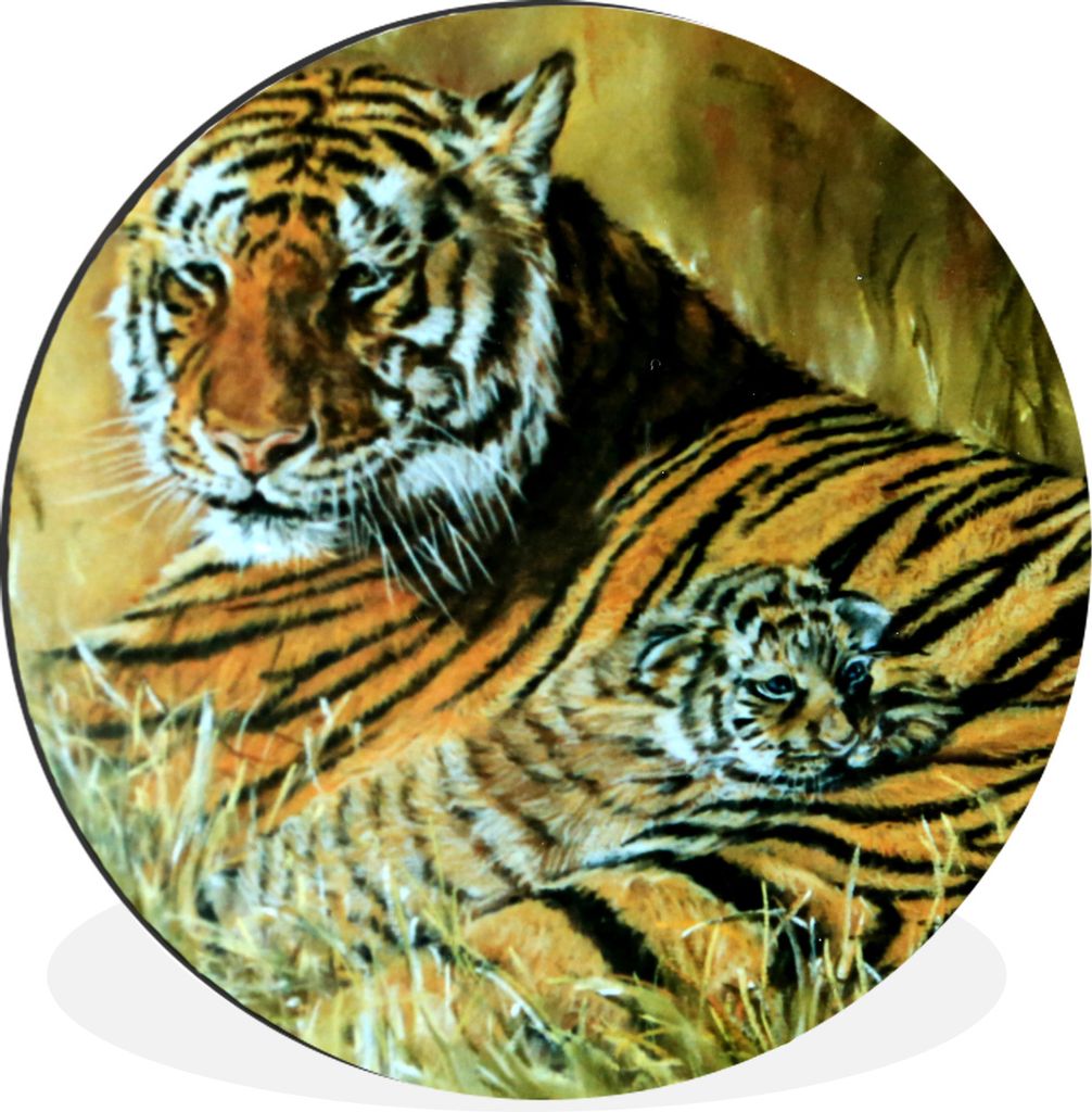 MuchoWow Aluminium Wandkreis Ölgemälde Tiger und ihr Junges Ø 30 cm Wanddeko Modern Wohnzimmer - Wand Bild - Wohnzimmer - Runde Bilder - Alubi...