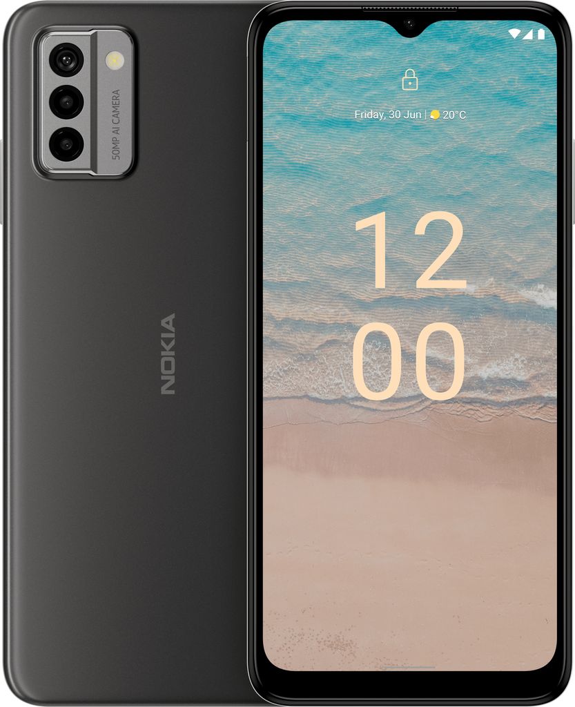 A dark grey Nokia smartphone is shown from the back and front, displaying the time and date on its screen.