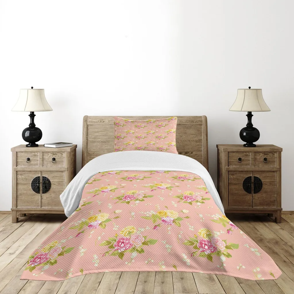 Set copriletto ABAKUHAUS Shabby Flora, motivo diagonale con rose colorate in stile vintage, tema matrimonio, 170 x 220 cm, multicolore