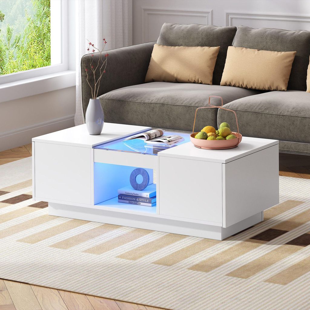 KLAM HOME Couchtisch Moderner Kaffeetisch Mit LED-Licht, 2 Schubladen,1 offenes Fach und Glasverkleidung Sofa-Beistelltisch 100x50x35,5 cm