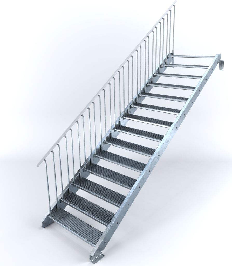 Stahltreppe 14 Stufen bis Höhe 280 cm, Laufbreite : 110 cm Geländer links ST 2 (31 / 31 mm gezackt)