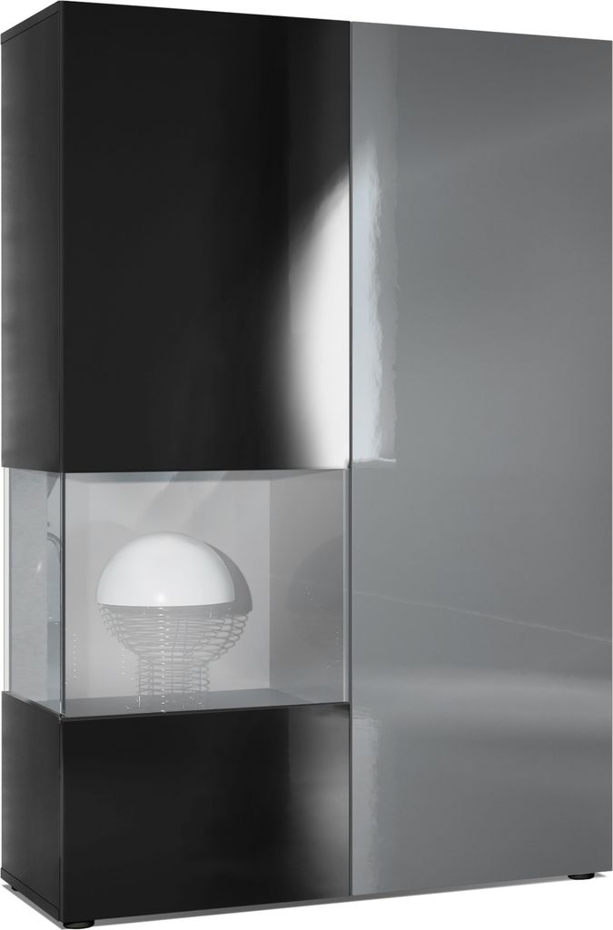 Vladon Vitrine Kommode Hochschrank Morena, Germany, Korpus in Schwarz matt / Rechte Tür und der Einsatz in Grau Hochglanz