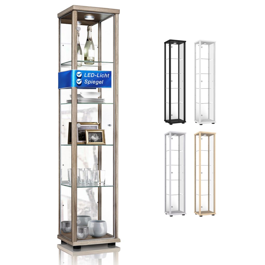 K-Möbel Glasvitrine Stehend (176x37x33cm) mit Spiegel - Germany - Vitrinenschrank Sonoma Eiche mit 4 höhenverstellbaren Glasböden & LED