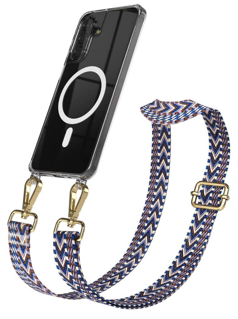 EAZY CASE - Handykette mit MagSafe Hülle für Samsung Galaxy A17, Handyband ZickZack Style, Karabiner Gold, Umhängeband in Blau