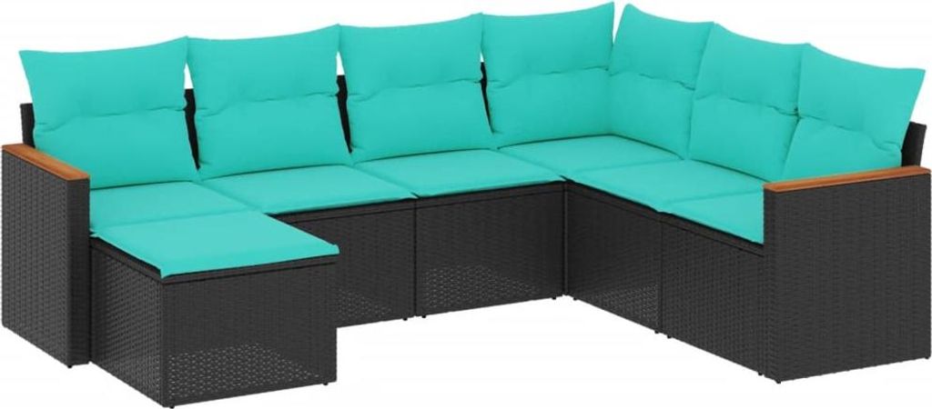 7-teiliges Gartensofa-Set mit Kissen, schwarzes Polyrattan