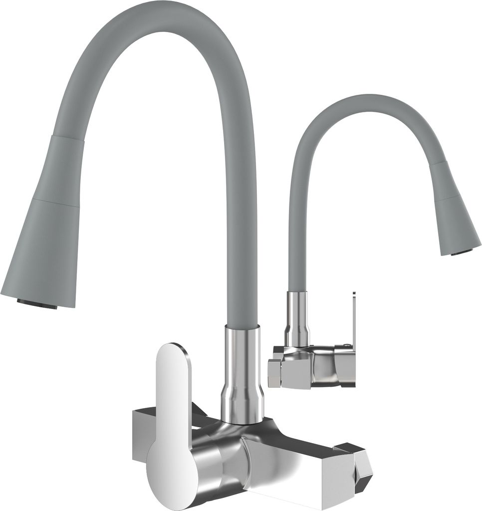 A studio shot of a wall-mounted kitchen faucet with two flexible grey spouts.