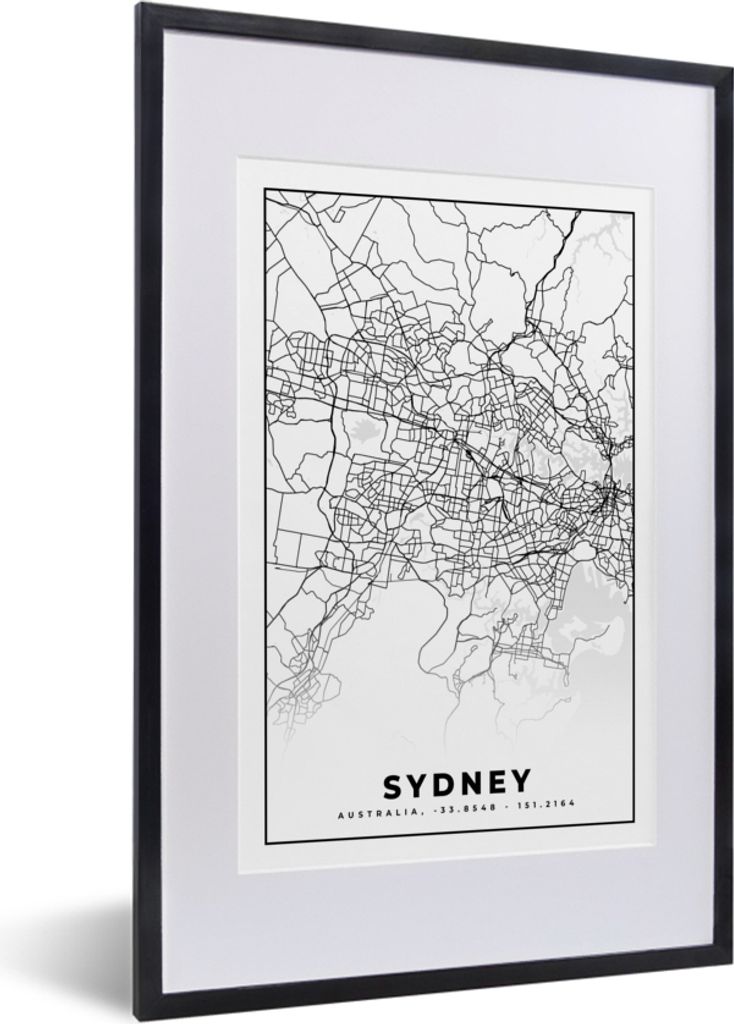 MuchoWow Gerahmtes Poster Sydney - Schwarz und weiß - Karte - Stadtplan 40x60 cm - Poster mit Schwarzem Bilderrahmen Wandposter Rahmen Foto Bild...