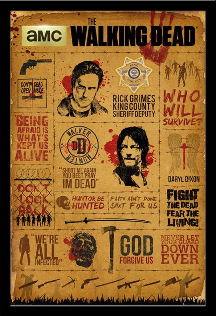 Affiche Walking Dead Infographic encadrée avec cadre noir Shinsuke MDF